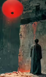 a man looking out a cave towards an alien land
