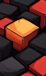 an abstract 3d picture of a cube in the middle of many smaller, orange and black squares