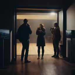 three people standing around talking on their cellphones