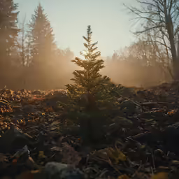 a pine tree sits in a field of leaves