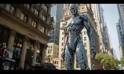 a futuristic male in a city next to some buildings