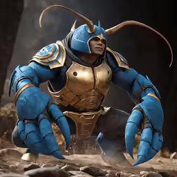 a blue and gold character dressed up as a giant crab