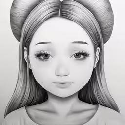 a drawing of a woman with long hair and a large bow on her head