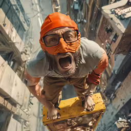a man with an orange face and glasses, jumping from a building