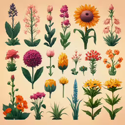 a colorful collection of flowers are depicted in this painting,a large group of flowers and foliage in different colors