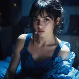 a woman in a blue dress poses for a picture