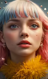 a woman wearing multi colored hair and flower necklace
