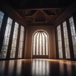 a large room with wooden floors, two huge windows and lots of light streaming in