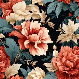 an artistic painting of red and peach flowers with leaves