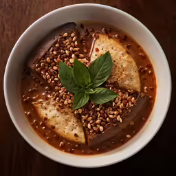 a cup of soup has brown and black beans