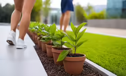 some people are standing next to plants outside