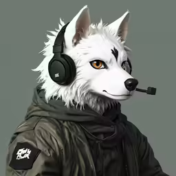 an animated drawing of a wolf with headphones on
