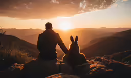 a person sitting at the edge of a cliff with their dog on the mountain