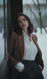 a woman is leaning against a pole in the snow