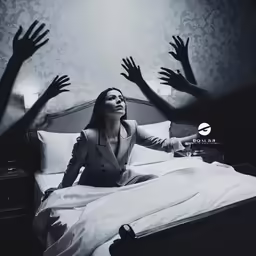 woman in suit reaching up for her hands while the woman reaches out