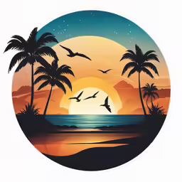 sunset with birds and sea on an orange and blue circle
