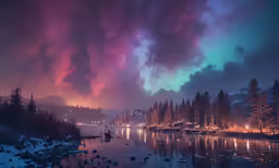 a river near some trees and the sky in winter