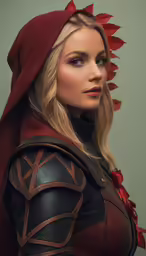 a woman in a costume is wearing a hood