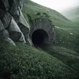 an entrance to a cave in the middle of green hills
