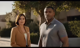 two people standing in front of a building with trees
