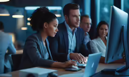 people working on computers in an office at night