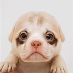 small brown dog with huge blue eyes and sad expression
