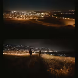 two shots side by side of a person standing in a field at night
