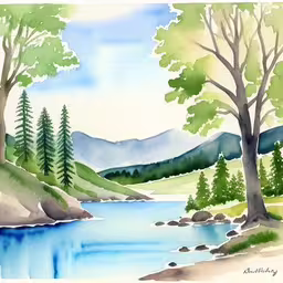 this is an image of an art work,a painting of a lake surrounded by trees,the water is moving very quickly down the hill,a painting with watercolor paints of mountains and trees,a painting with trees and water in it