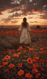 a girl standing alone in a field at sunset