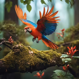 a blue and red bird on branch in the forest