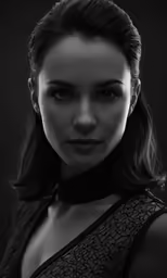 black and white portrait of woman wearing an elegant outfit