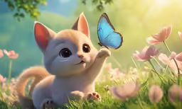 a small kitten is standing in a field with flowers