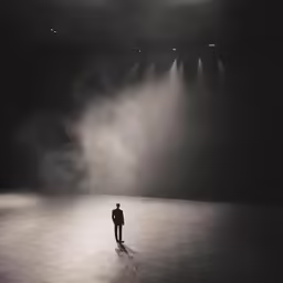 a man standing on the stage in front of a dark background