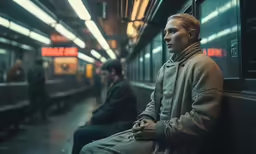 a man is looking back on a subway
