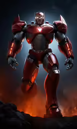 a robot with red arms standing in the dark