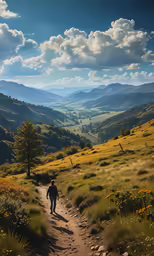 the person is walking down the path to the mountains