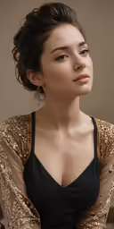 a woman in black and tan is sitting down