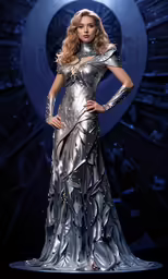 a model is on the runway in a silver dress
