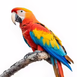 an orange, yellow and blue parrot sitting on a tree branch