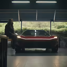 a girl sits on the hood of a car in a garage