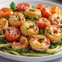 the plate has shrimp on pasta with tomato