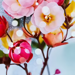 a red vase filled with pink flowers and yellow dots