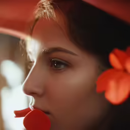 woman with red flower in her hair in photo