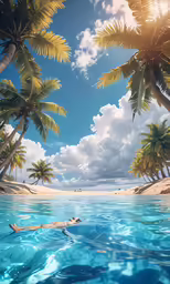the woman is swimming in the ocean with some trees