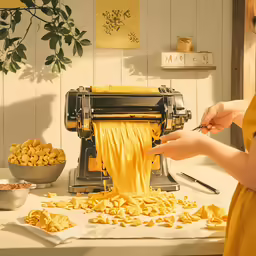 a woman is sprinkling pasta into a bowl