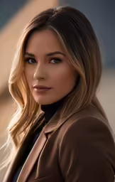 a woman with blonde hair, in brown jacket and black shirt