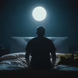 a man sitting on top of a bed in the dark