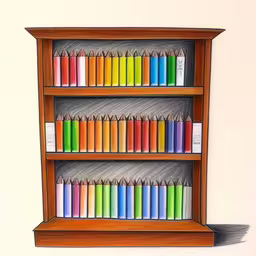 an image of a colorful book shelf with colored pencils,an art work with multiple colored pencils arranged over books,a book shelf filled with rainbow colored pencils,a drawing of colorful books on a bookcase,the colorful bookshelf has many different colored pencils on it