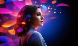 a woman with long hair and purple, pink and red lights behind her
