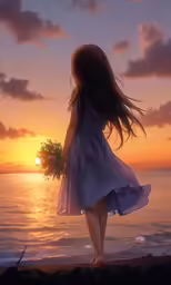 a little girl in a dress looking out at the ocean